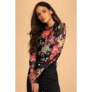 Lulus Totally A Vibe Black Floral Print Mesh Long Sleeve Bodysuit - Size M